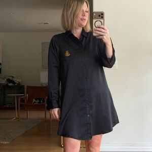 Ralph Lauren Size Small Black Satin Mini Shirt Dress Gold Logo Embroidered Tunic